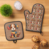 Whimsical Patchwork Puppy Folk Art Cottagecore Ovenwant & Pannenlap Set (Top down)
