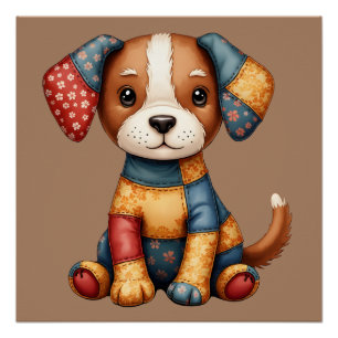Whimsical Patchwork Puppy Folk Art Cottagecore Perfect Poster