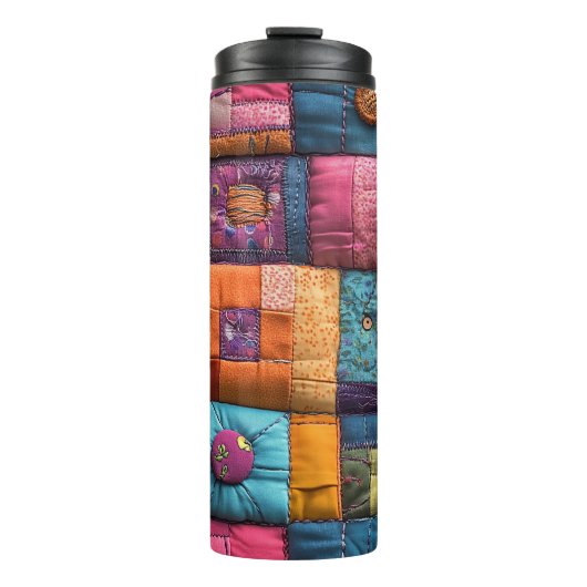 Whimsical Patchwork Quilt Patroon: kleurrijk ontwe Thermosbeker (Voorkant)