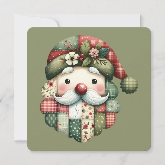 Whimsical Patchwork Santa Folk Christmas Flat Card (Voorkant)