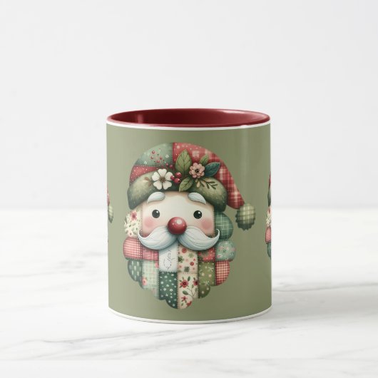 Whimsical Patchwork Santa Folk Christmas Mok (Midden)