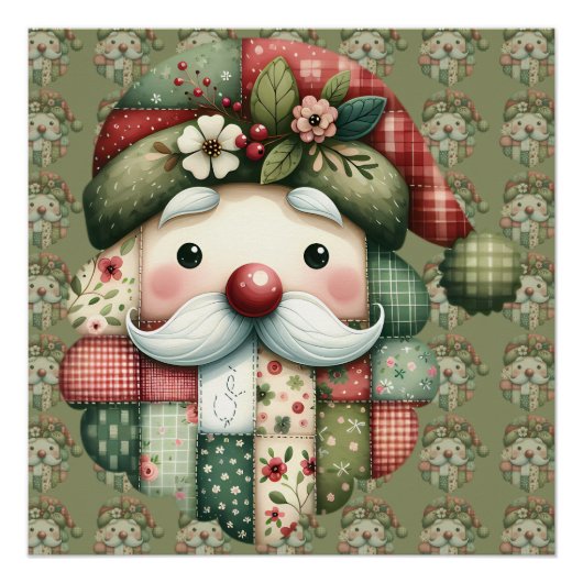 Whimsical Patchwork Santa Folk Christmas Perfect Poster (Voorkant)