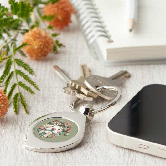 Whimsical Patchwork Santa Folk Christmas Sleutelhanger (Zijkant)