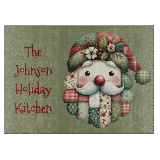 Whimsical Patchwork Santa Folk Christmas Snijplank (Voorkant)