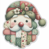 Whimsical Patchwork Santa Folk Christmas Sticker (Voorkant)