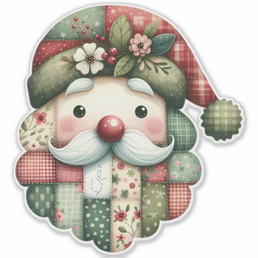 Whimsical Patchwork Santa Folk Christmas Sticker (Voorkant)