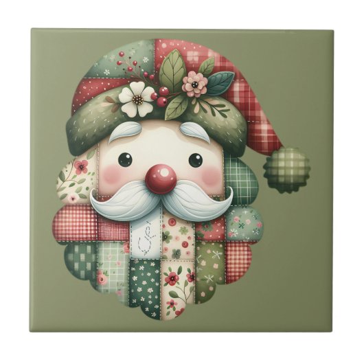 Whimsical Patchwork Santa Folk Christmas Tegeltje (Voorkant)