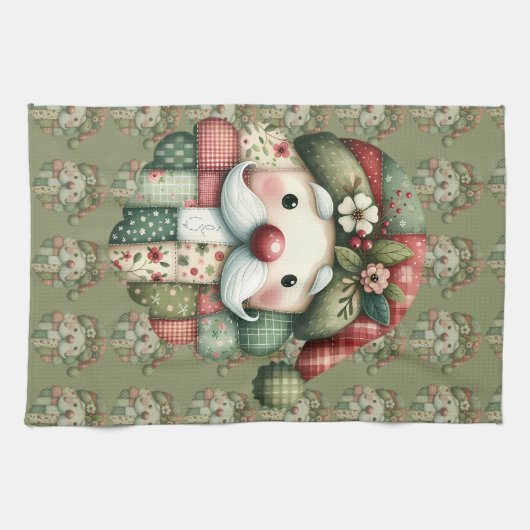 Whimsical Patchwork Santa Folk Christmas Theedoek (Horizontaal)