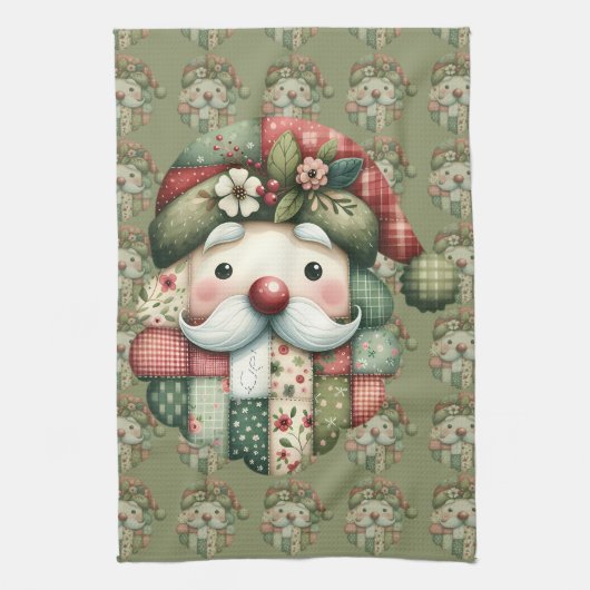 Whimsical Patchwork Santa Folk Christmas Theedoek (Verticaal)