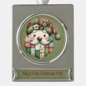 Whimsical Patchwork Santa Folk Christmas Verzilverd Banner Ornament (Voorkant)