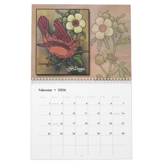 Whimsical Patterned Bird Calendar Kalender (Feb 2026)