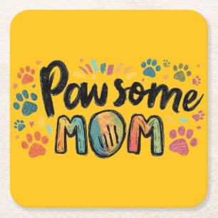 Whimsical "Pawsome MOM" Graphic met kleurrijke pot Kartonnen Onderzetters