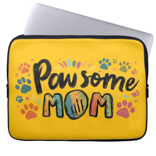 Whimsical "Pawsome MOM" Graphic met kleurrijke pot Laptop Sleeve (Voorkant)