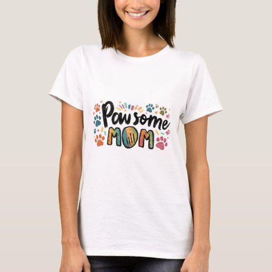 Whimsical "Pawsome MOM" Graphic met kleurrijke pot T-shirt (Voorkant)