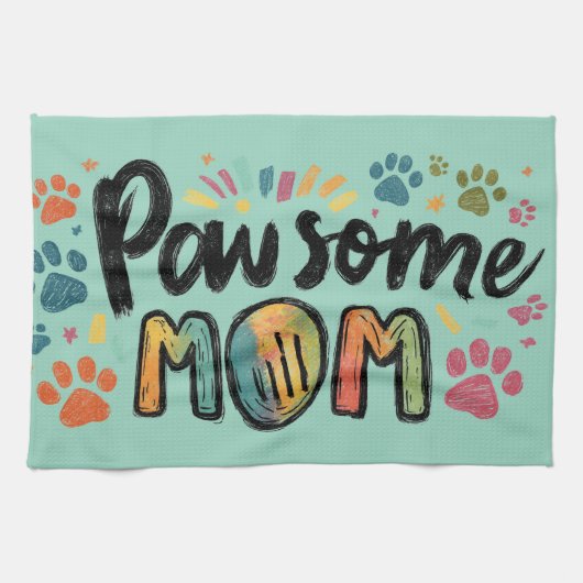 Whimsical "Pawsome MOM" Graphic met kleurrijke pot Theedoek (Horizontaal)