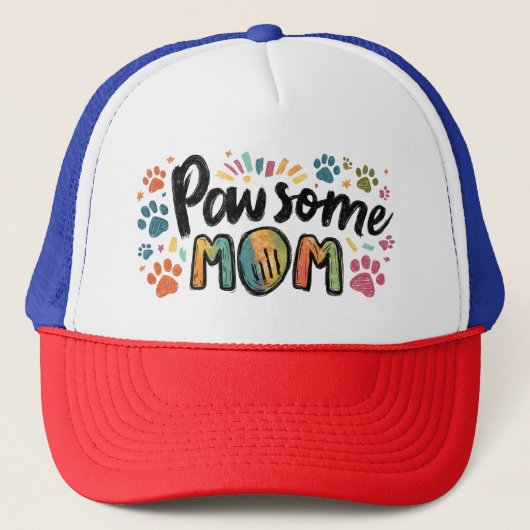 Whimsical "Pawsome MOM" Graphic met kleurrijke pot Trucker Pet (Voorkant)