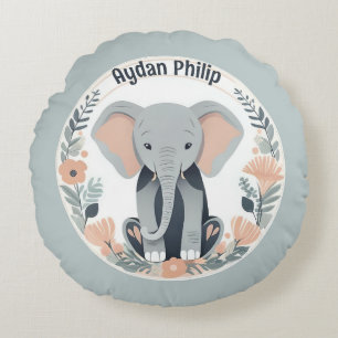 Whimsical Peach & Grey Baby Olifant Rond Kussen