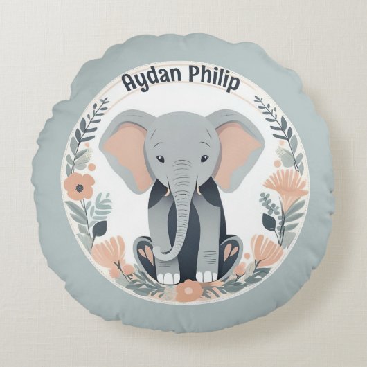 Whimsical Peach & Grey Baby Olifant Rond Kussen (Voorkant)