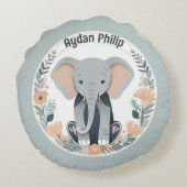 Whimsical Peach & Grey Baby Olifant Rond Kussen (Achterkant)