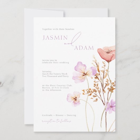 Whimsical Peach Lila Wildflower Bruiloft Kaart (Voorkant)