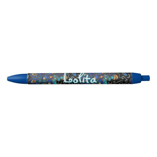 Whimsical Peacock Chalk Pastel Bird gepersonalisee Blauwe Inkt Pen (Voorkant)