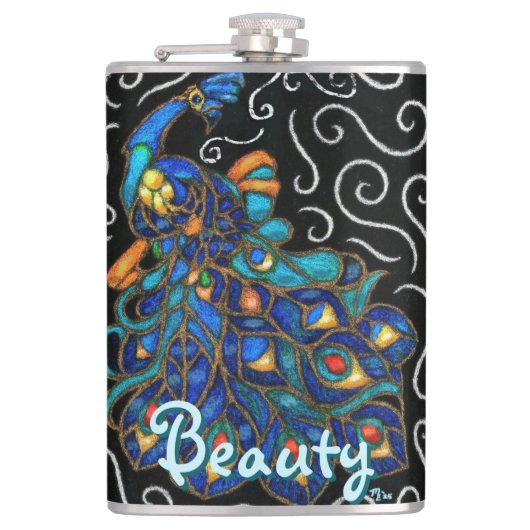 Whimsical Peacock Chalk Pastel Bird gepersonalisee Heupfles (Voorkant)