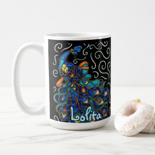 Whimsical Peacock Chalk Pastel Bird gepersonalisee Koffiemok (Met donut)