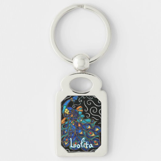 Whimsical Peacock Chalk Pastel Bird gepersonalisee Sleutelhanger (Voorkant)