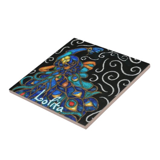 Whimsical Peacock Chalk Pastel Bird gepersonalisee Tegeltje (Zijkant)
