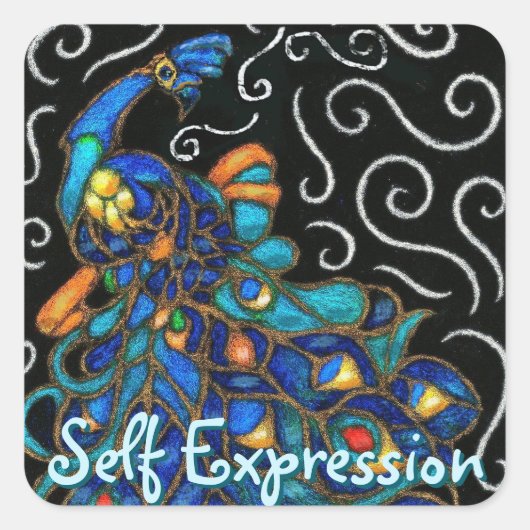 Whimsical Peacock Chalk Pastel Bird gepersonalisee Vierkante Sticker (Voorkant)