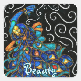 Whimsical Peacock Chalk Pastel Bird gepersonalisee Vierkante Sticker