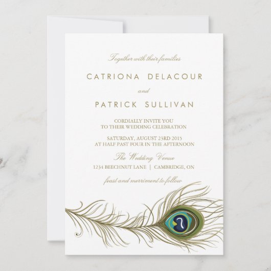 Whimsical Peacock Feather Art Deco Wedding Kaart (Voorkant)