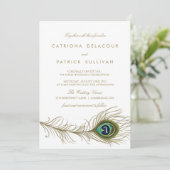 Whimsical Peacock Feather Art Deco Wedding Kaart (Staand voorkant)