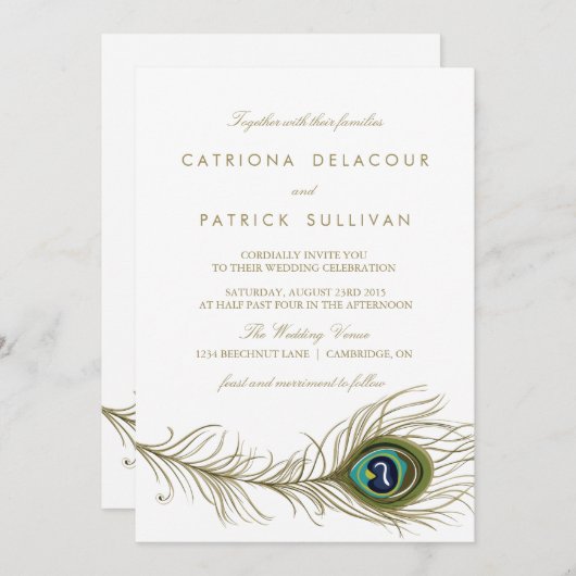 Whimsical Peacock Feather Art Deco Wedding Kaart (Voorkant / Achterkant)