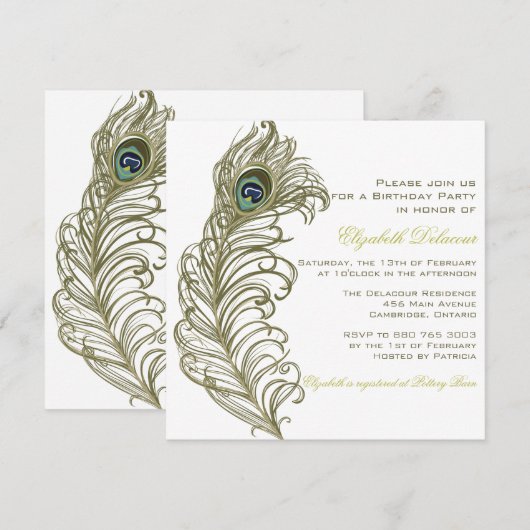 Whimsical Peacock Feather Birthday Invitation Kaart (Voorkant / Achterkant)