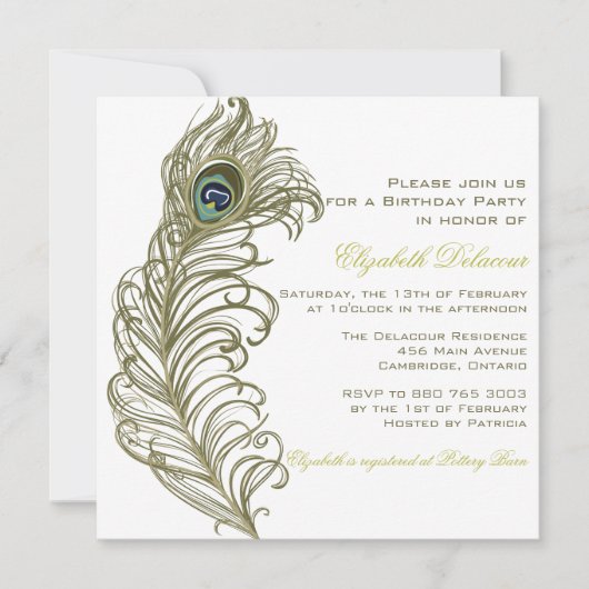 Whimsical Peacock Feather Birthday Invitation Kaart (Voorkant)