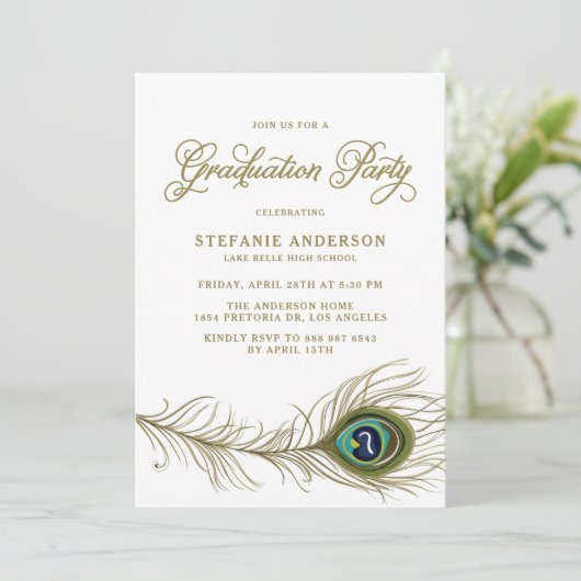 Whimsical Peacock Feather Graduation Party Kaart (Staand voorkant)