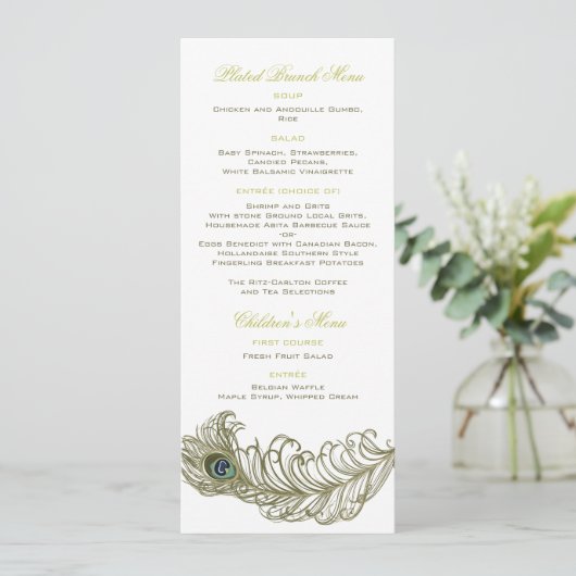 Whimsical Peacock Feather Menu Kaart (Staand voorkant)