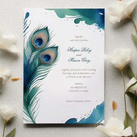 Whimsical Peacock Feather Waterverf Bruiloft Kaart