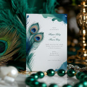 Whimsical Peacock Feather Waterverf Bruiloft Kaart