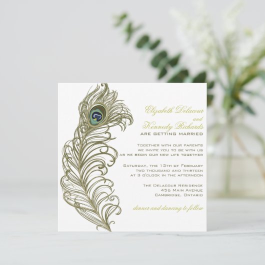 Whimsical Peacock Feather Wedding Invitation Kaart (Staand voorkant)