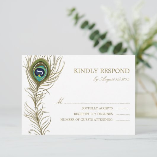 Whimsical Peacock Feather Wedding RSVP Kaart (Staand voorkant)