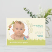 Whimsical Peacock Foto Birth Announcement Kaart (Staand voorkant)