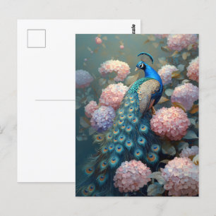 Whimsical Peacock Roze Hydrangea Bloemen Briefkaart