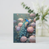 Whimsical Peacock Roze Hydrangea Bloemen Briefkaart (Staand voorkant)