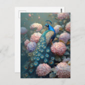 Whimsical Peacock Roze Hydrangea Bloemen Briefkaart (Voorkant / Achterkant)