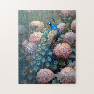 Whimsical Peacock Roze Hydrangea Bloemen Legpuzzel