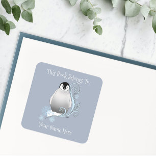 Whimsical Penguin Art Nouveau Sneeuwvlokken Boekpl Vierkante Sticker