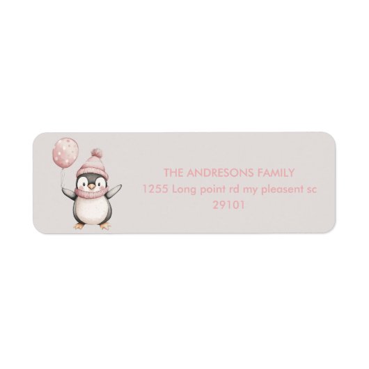 Whimsical Penguin Birthday Label |  roze (Voorkant)