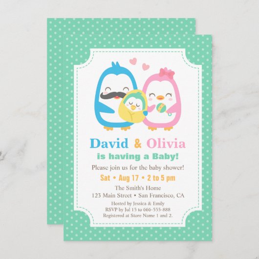 Whimsical Penguin Family Baby Shower Invitaties Kaart (Voorkant / Achterkant)